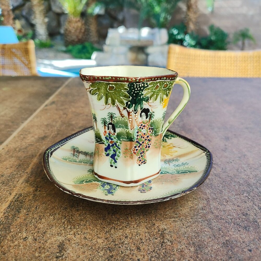 Moriage Japanese Hand Painted Tea Cup and Saucer Set Bone China